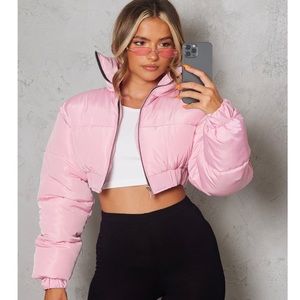 Pink crop puffer coat